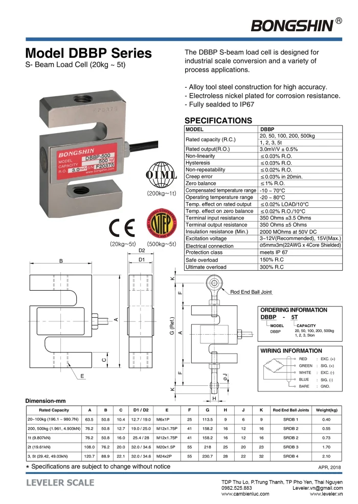 Catalog cảm biến lực loadcell DBBP 3 tấn của Bongshin